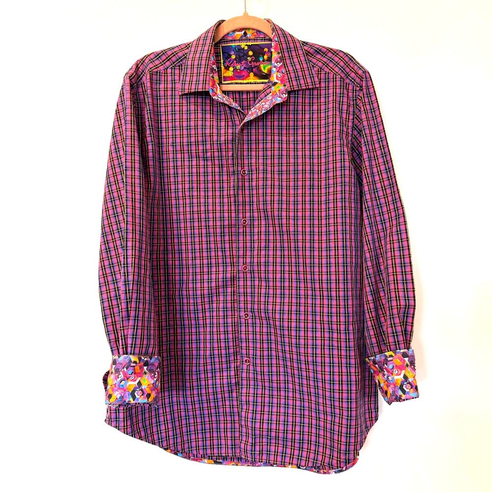 Robert Graham 100% cotton button up shirt L purple plaid floral lined designer